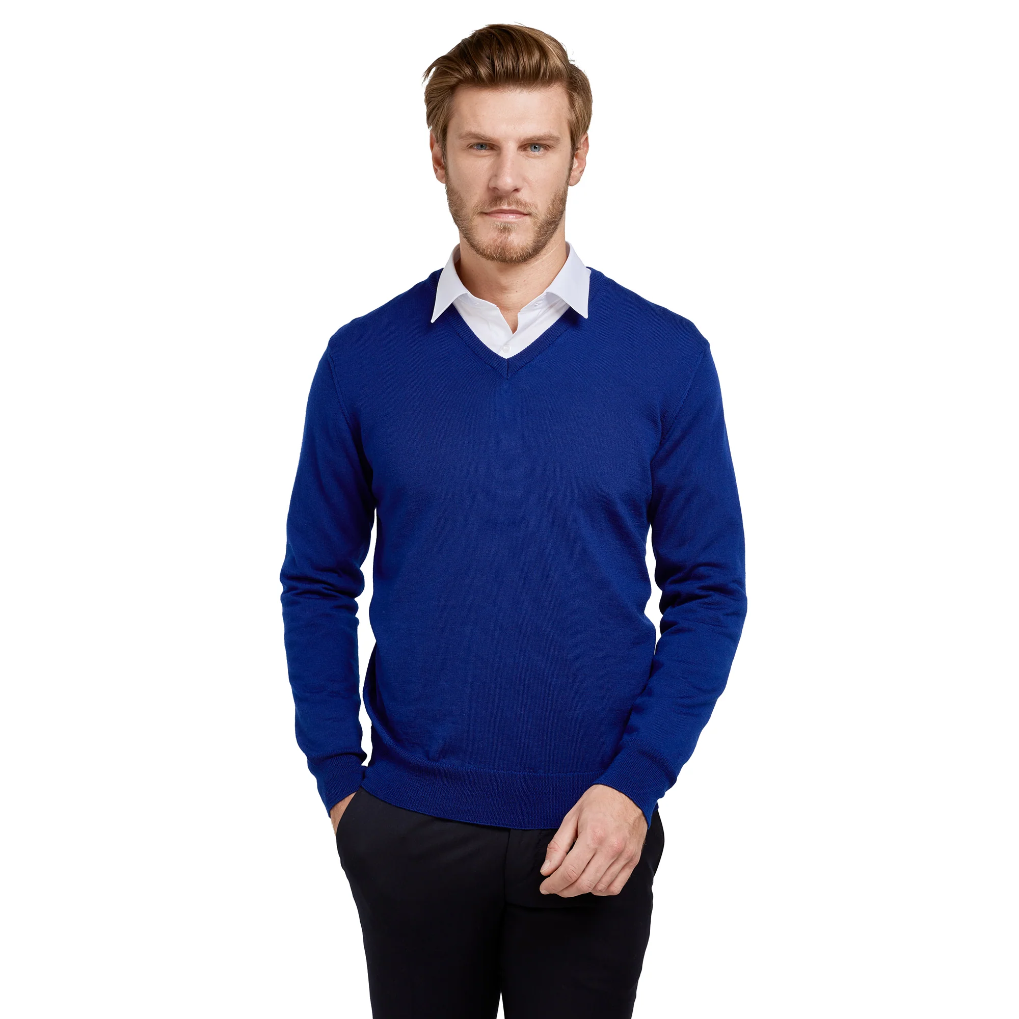 Pull col v 100% pure laine Mérinos bleu roi