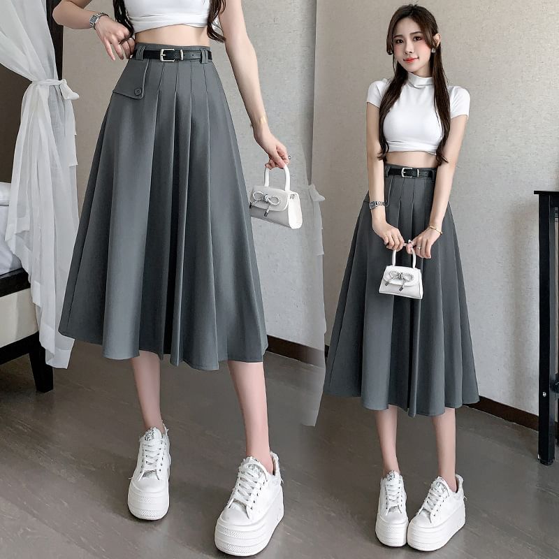 Lady Jean - Hoge taille effen midi A-lijn geplooide rok