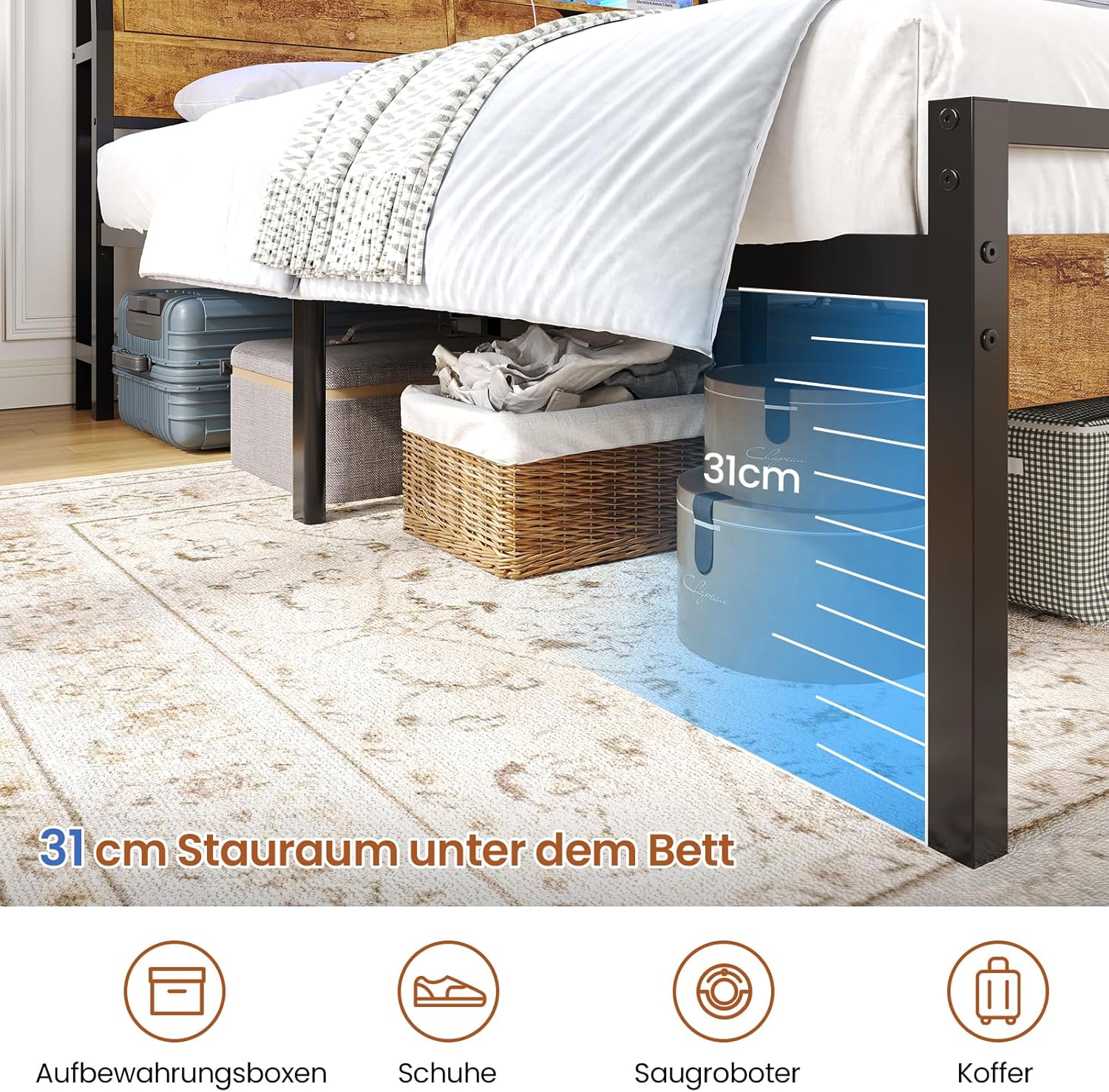 Bett 120x200 mit Lattenrost aus Metall Bettrahmen mit LED Beleuchtung und Steckdose, Bettgestell 120x200 cm mit Holzkopfteil, 2 Schränke mit Türen, Jugendbett mit Stauraum, Modern, Braun
