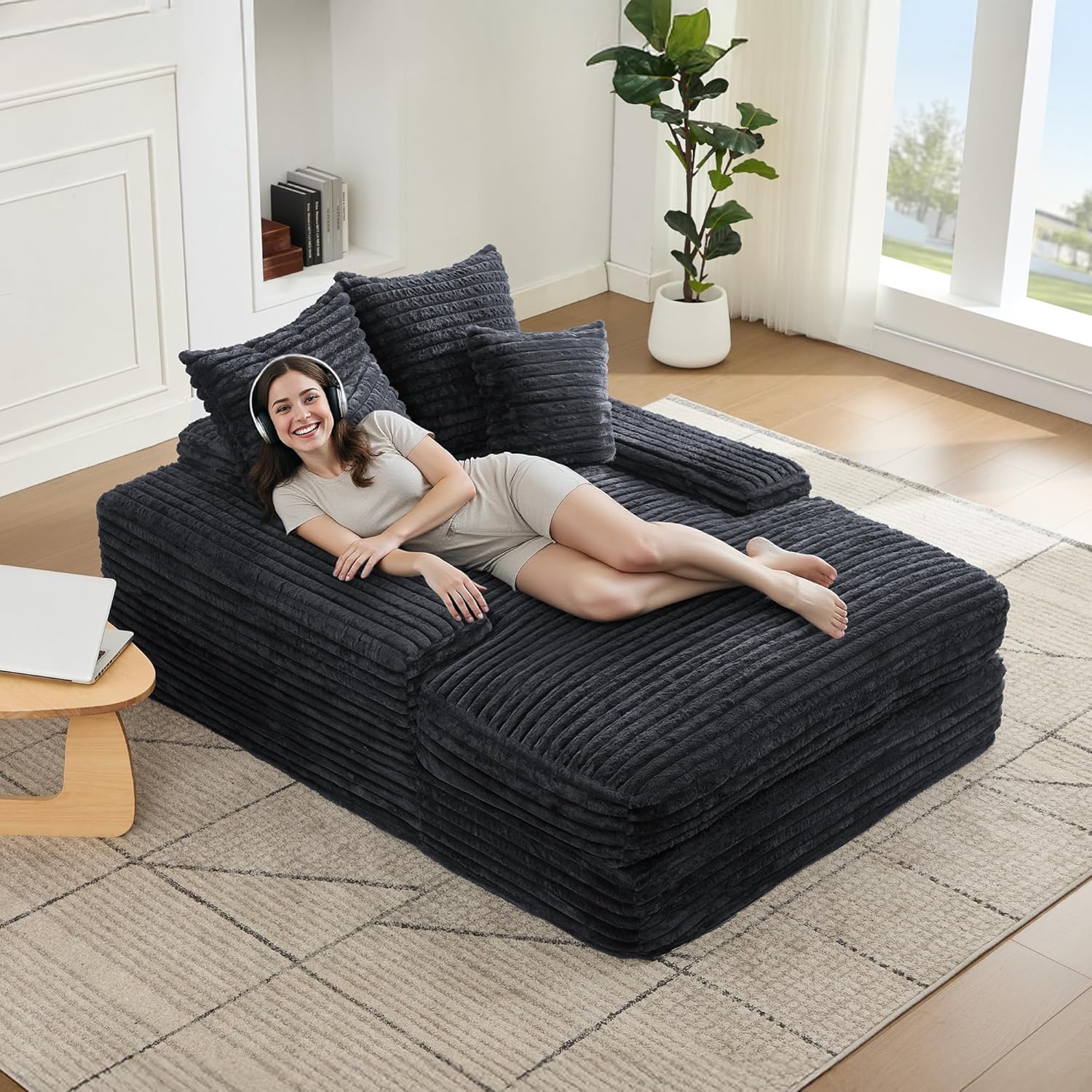 Cord Samt Lounge Sofa, 137x175 cm, Daybed & Lounger für Wohnzimmer, 2-Sitzer Couch, Extra Bequemes Sofa zum Liegen, Zum Ausstrecken und Entspannen, Grau