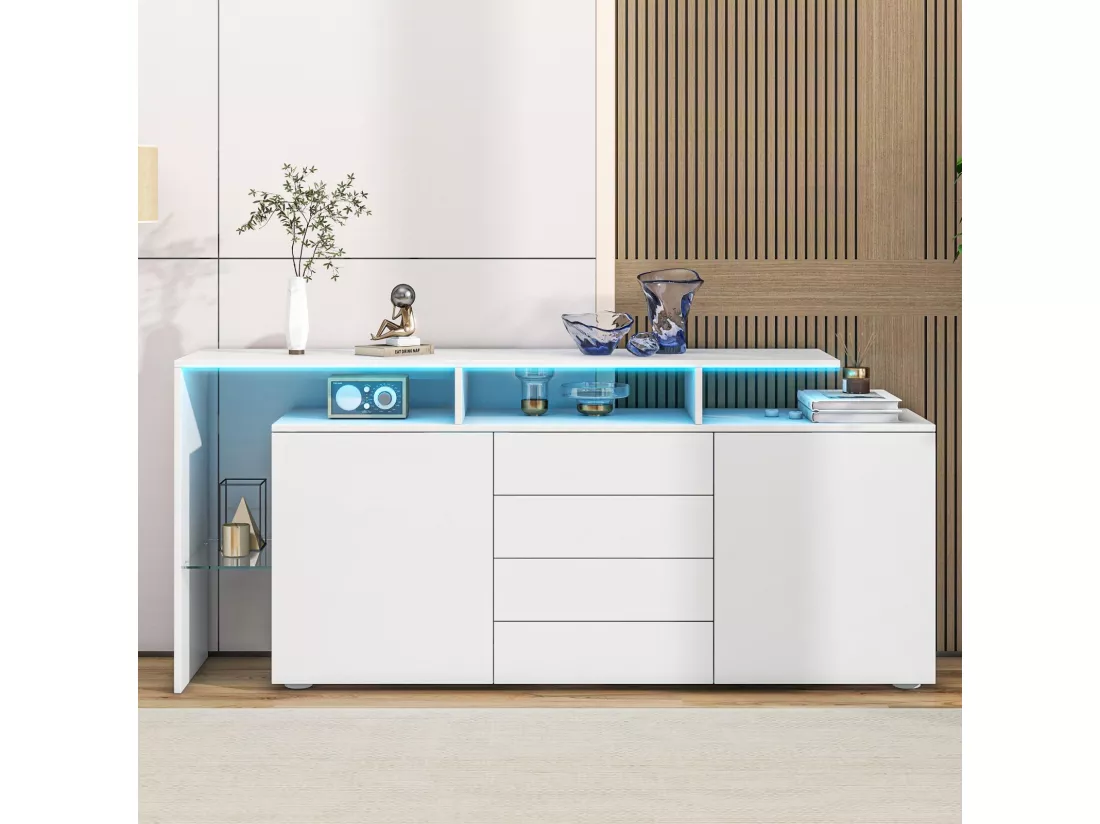 Buffet 2 portes 4 tiroirs et 1 étagère de verre, Meuble TV 160cm, avec LED, Panneau de particule, Blanc, 160x35x70cm