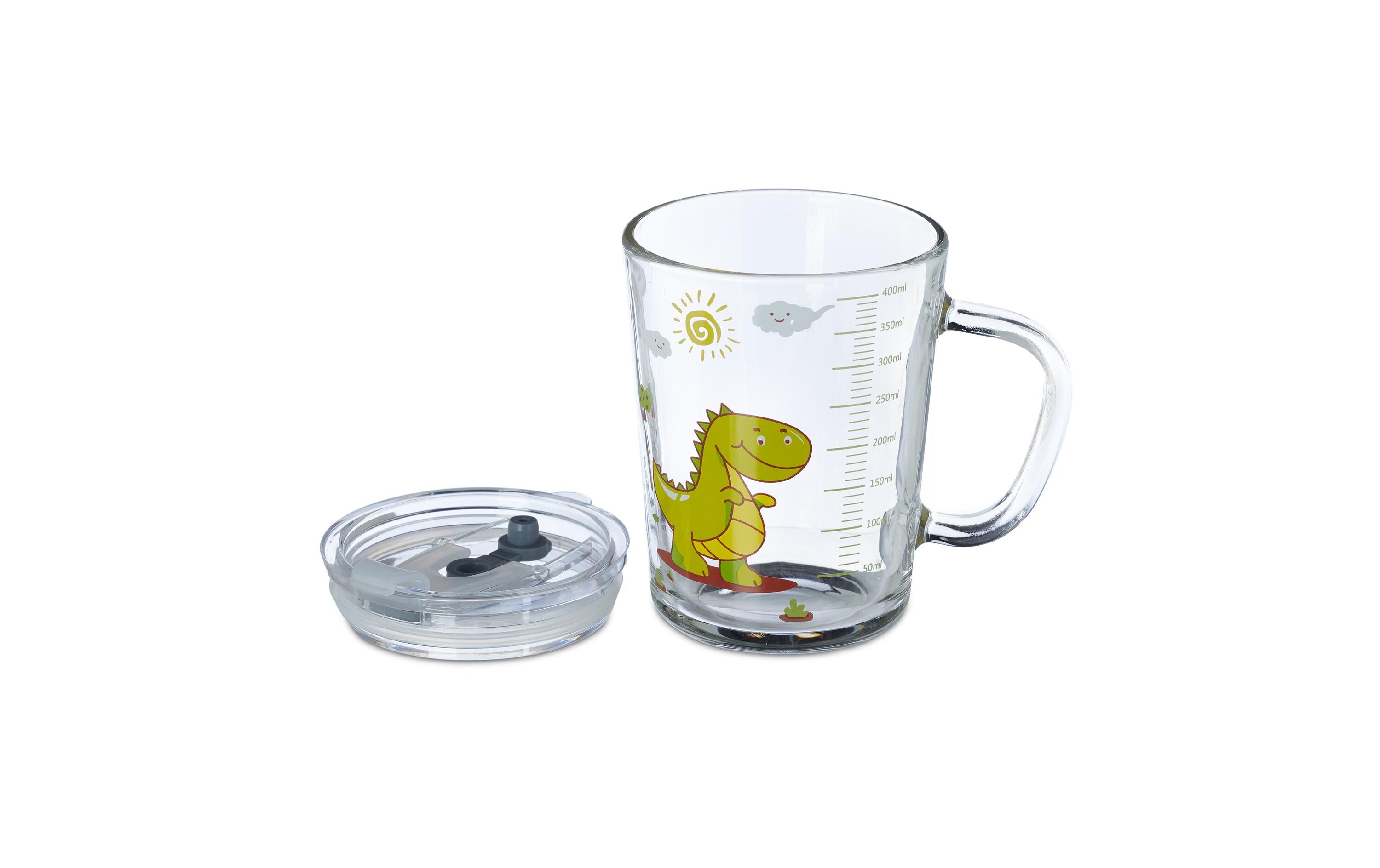Kindertrinkbecher Dino 400 ml 2er Set, GlasNiedliches Gläser-Set mit Deckel und Strohhalm
