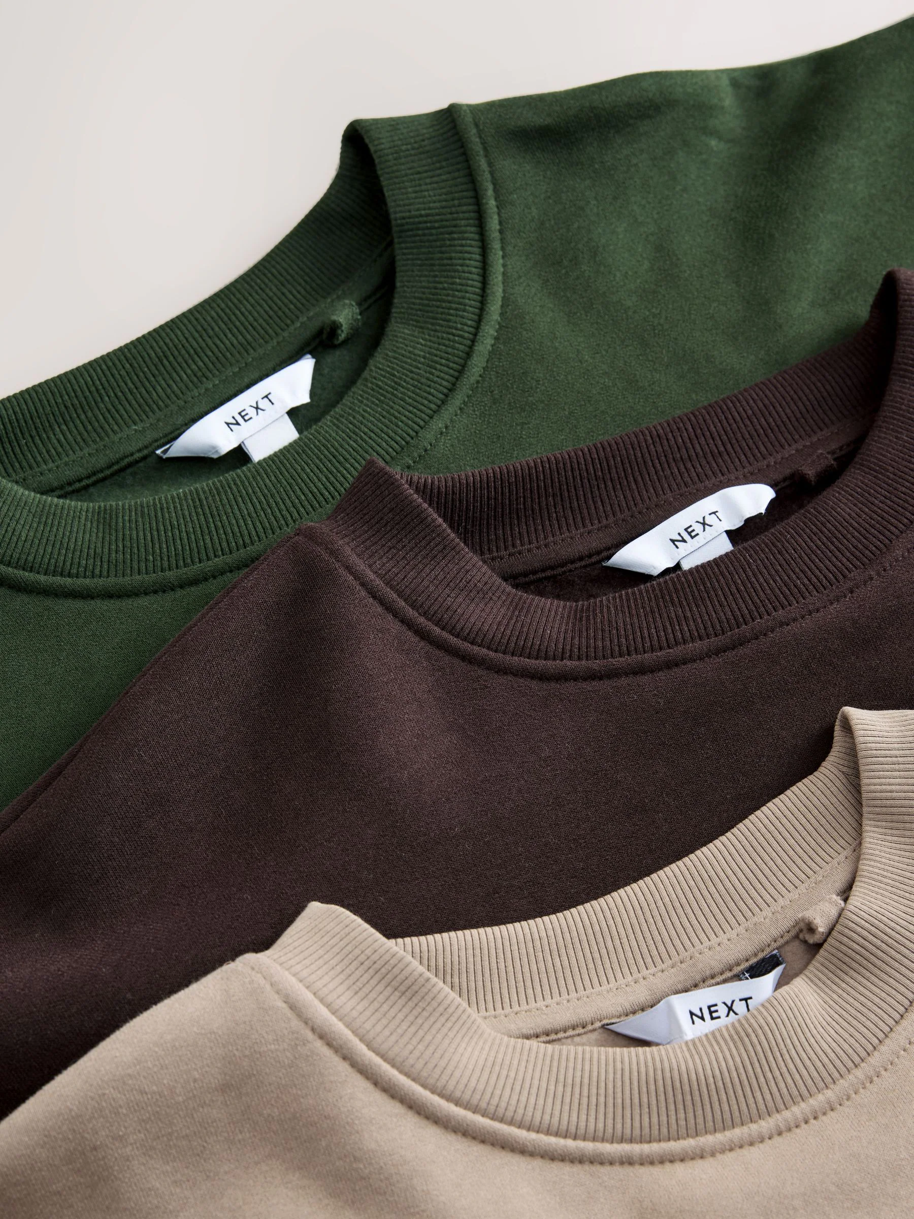 Khaki/steenkleur - Cotton Rich Brushed Back Soft Feel Ribbed Crewneck Sweatshirts 3 Pack