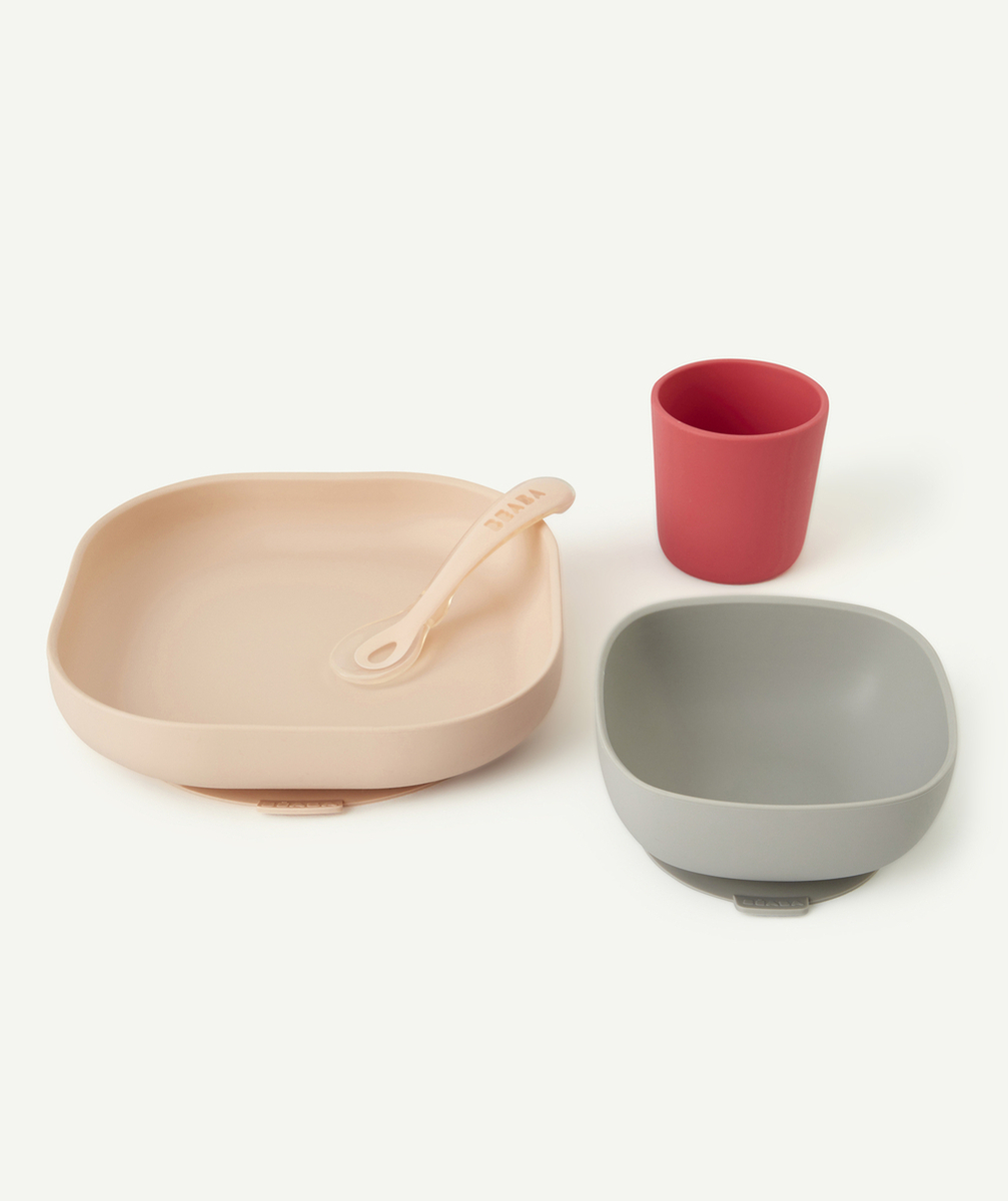 BEABACOFFRET REPAS EN SILICONE ROSE AVEC VENTOUSE