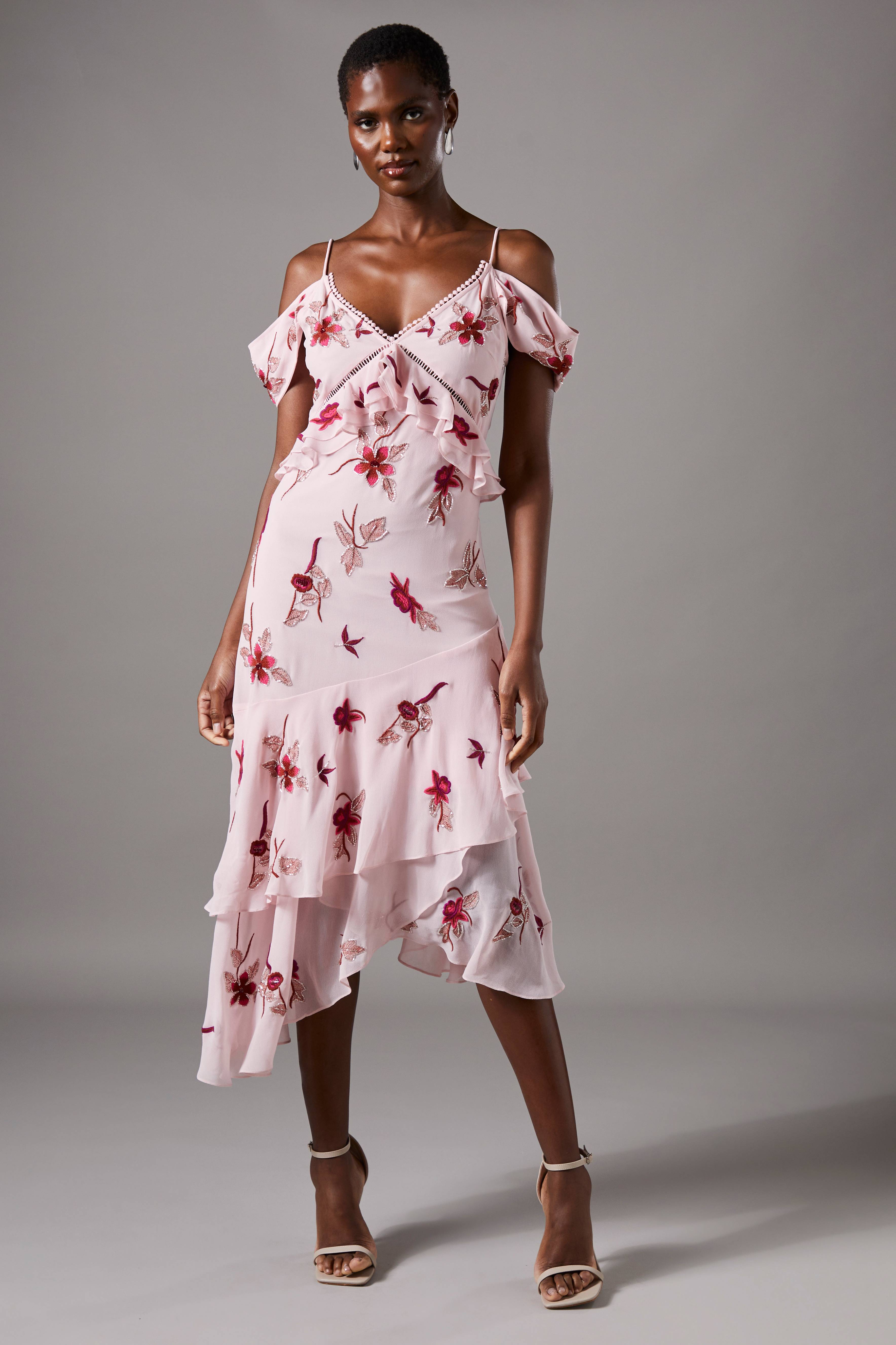 Coast Robe Mi-Longue à Paillettes et Épaules Dénudées pour Invitée de Mariage