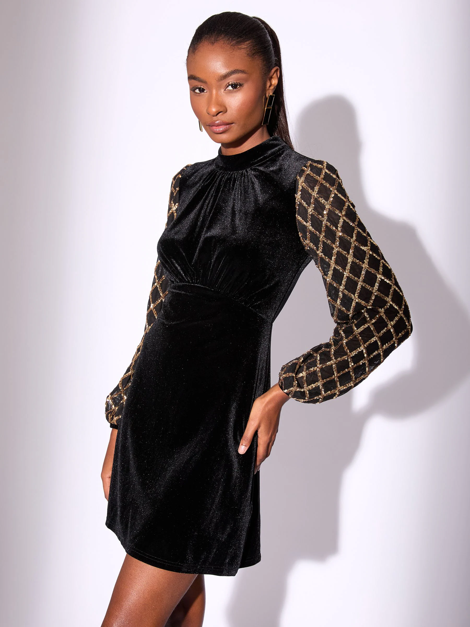 Lipsy Mini Velvet Sequin Detail Long Sleeve Shift Dress