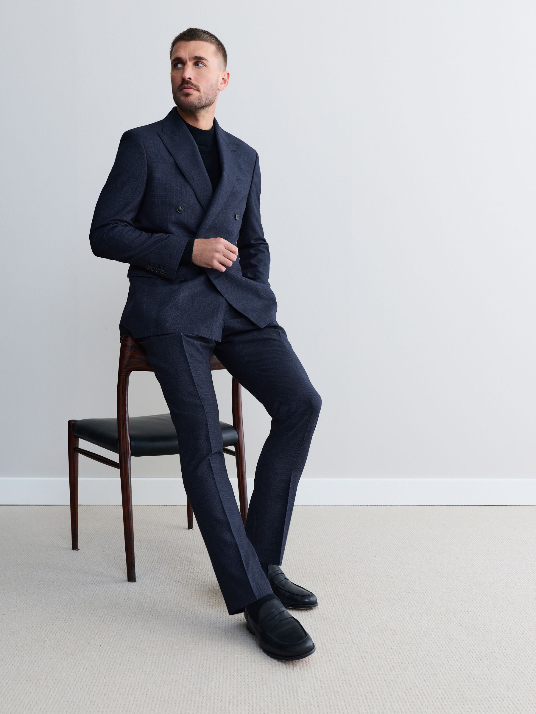 Donkerblauw - Signature Marzotto 100% Italian Wool Double Breasted Check Suit Jacket