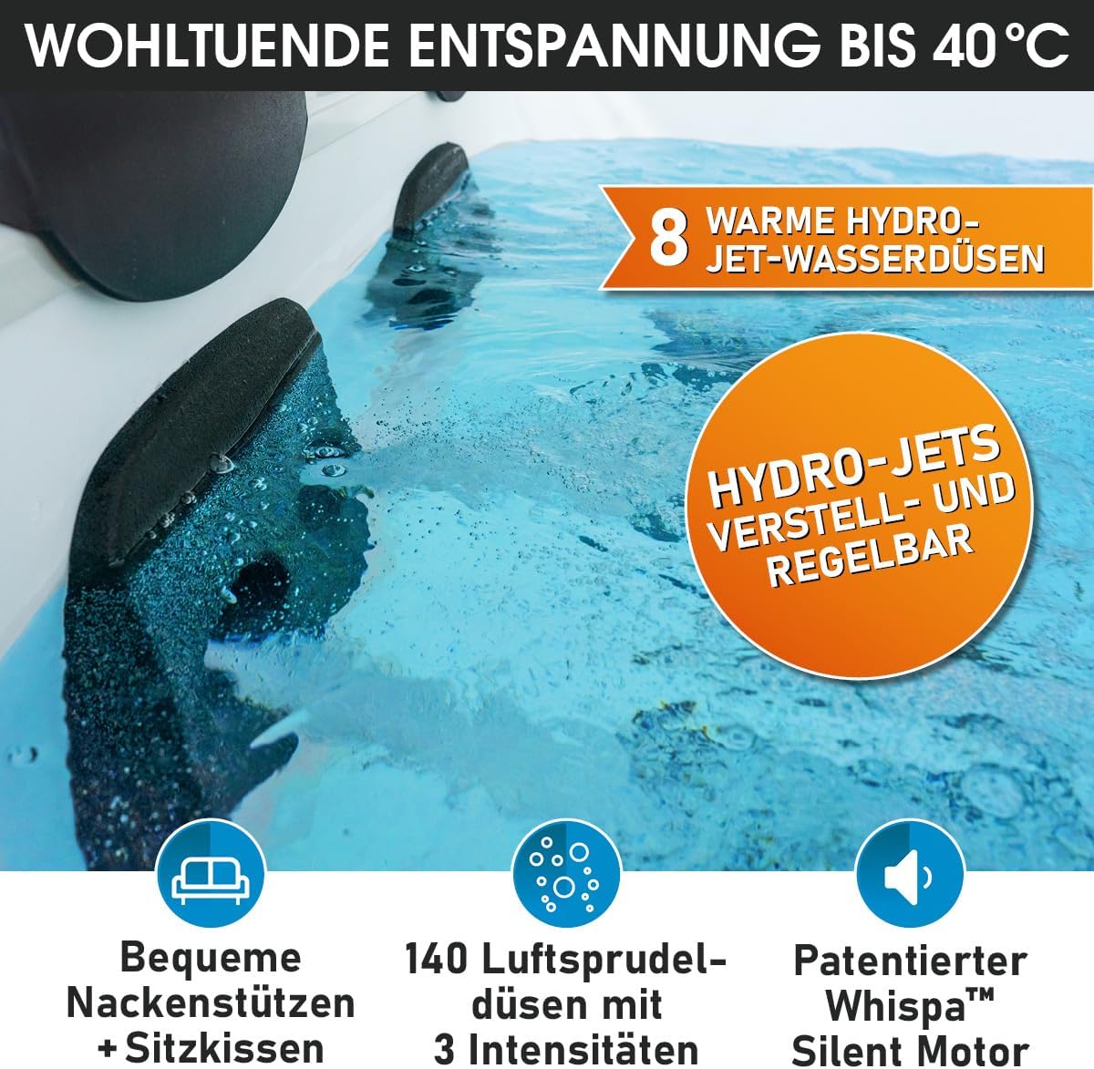 BRAST Whirlpool MSpa Amber Aero Plus mit Fester Außenwand | 180x180x65cm für 6 Personen | 140 Massagedüsen | LED-Beleuchtung in 20 Farben | Ganzjähriger Einsatz Winterfest | In & Outdoor Pool