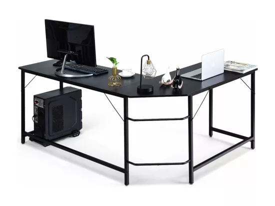 Bureau/Table Informatique,Bureau/Table d’Angle Ordinateur Coin en Bois et Métal avec 6 Pieds Réglables 168 x 125 x 74CM (Noir)