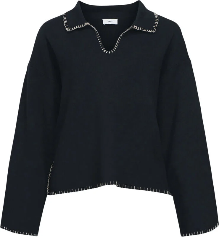 Object OBJREYNARD LS V-NECK STICH PULLOVER Black/white stitches