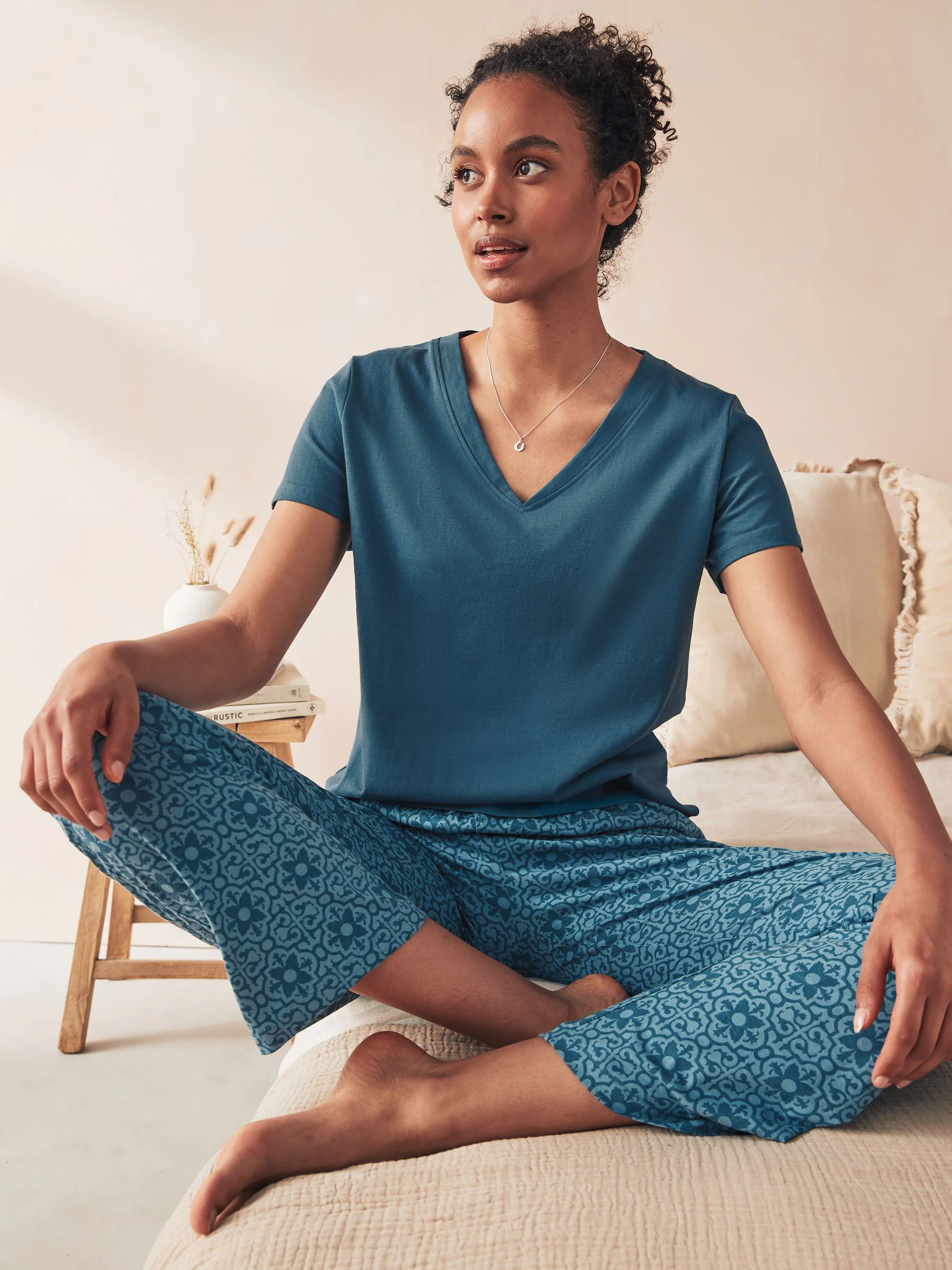 Chambray blauw met geometrische print - Pyjama met korte mouwen