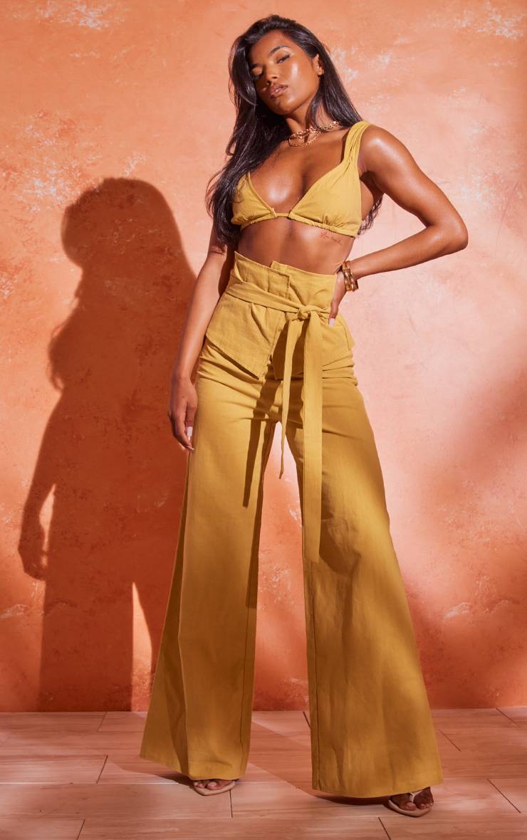 Moutarde Brassière Micro Triangle Aspect Lin À Nouer Dans Le Dos