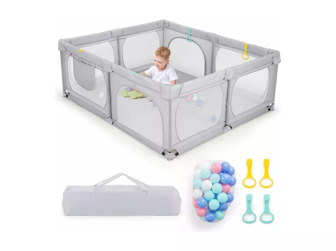 Grand Parc pour Bébé avec 50 Balles Océaniques, Clôture pour Tout-Petits avec 4 Anneaux à Main, Centre d'Activités pour Bébé avec Maille Respirante, 189 x 158 x 68 CM (Gris Clair)
