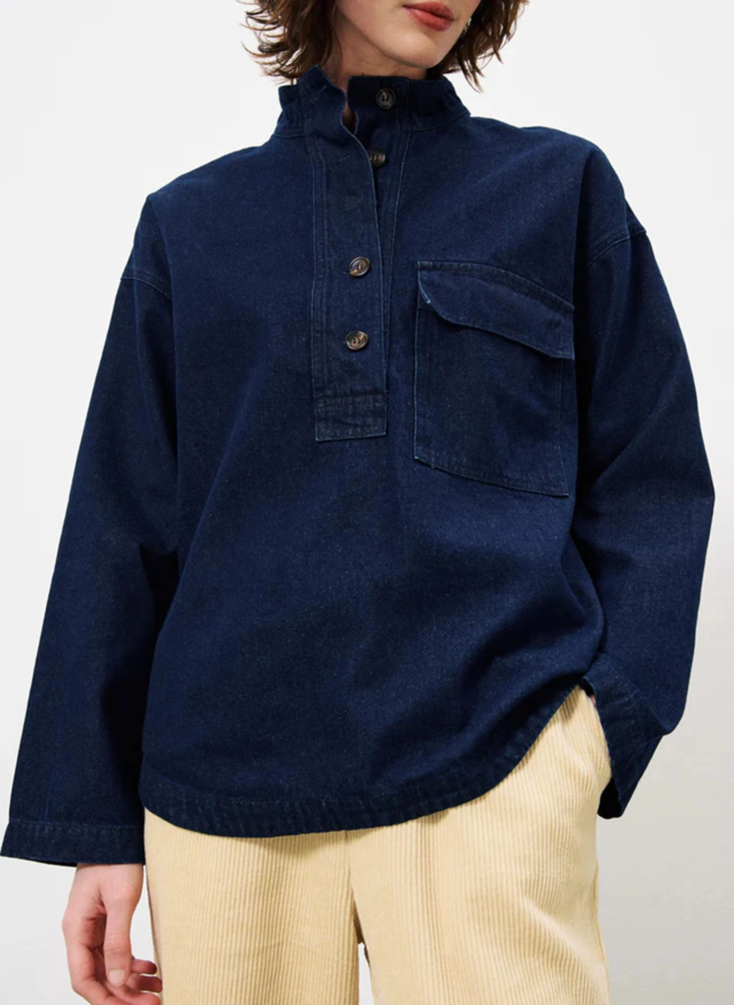 SOLAINE - Top col montant en denim de coton | Bleu
