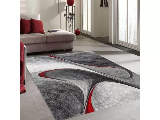 tapis salon 200x290 tissé rouge et gris rectangle motif géométrique MADILA
