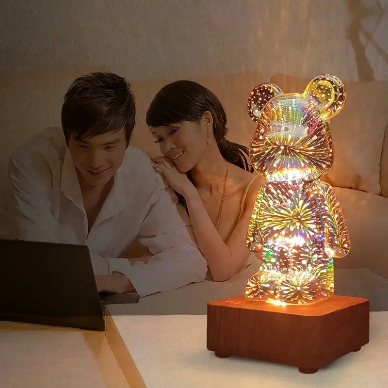 (20x9cm) USB Feuerwerk Bär Nachtlicht Deko Tischlampe 3D Projektor - Silber / Braun