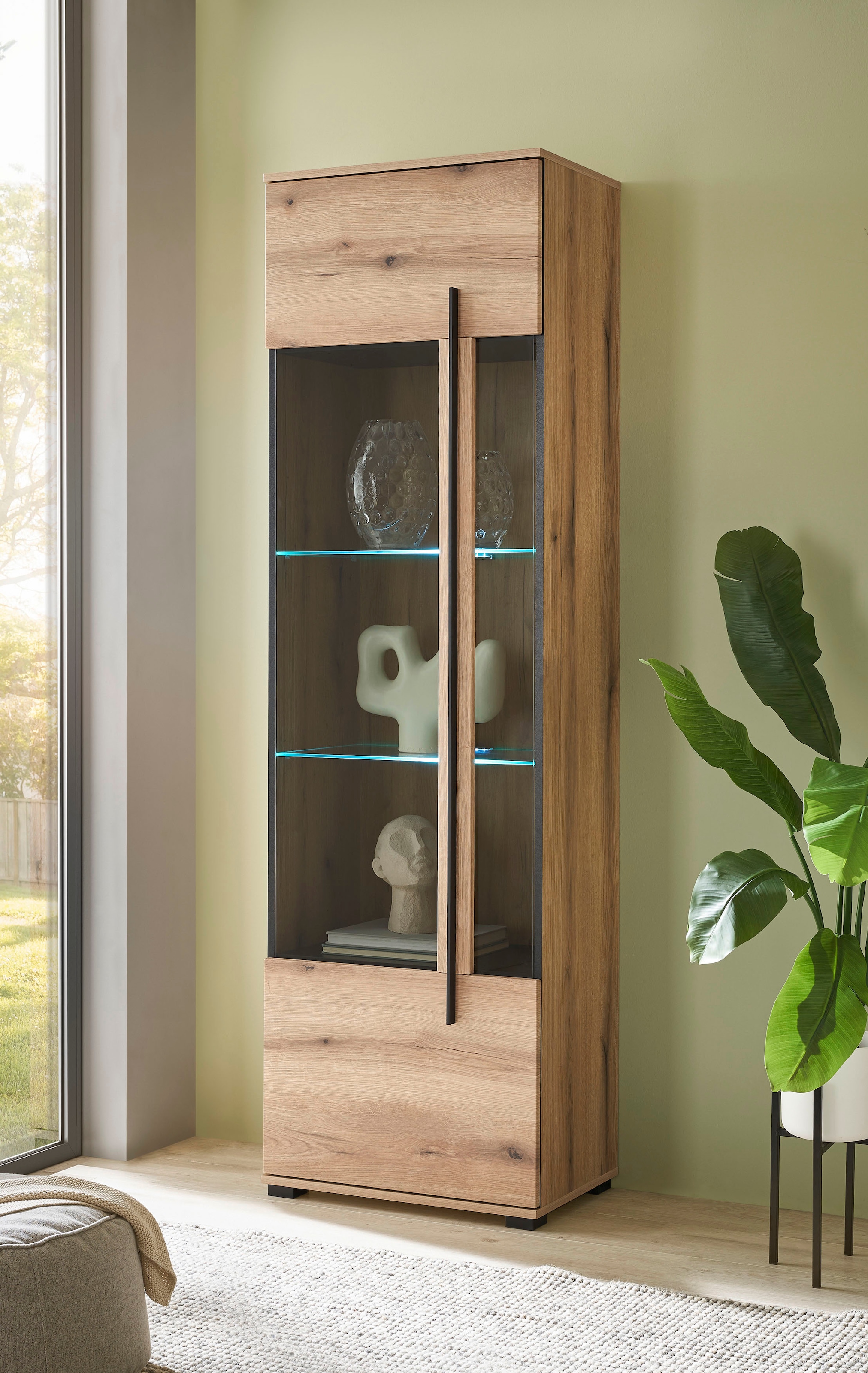 INOSIGN Vitrine »Cantara, Vitrinenschrank in Eiche Evoke oder weiss, Standvitrine« schwarzer Stangengriff, ausreichend Stauraum, vielseitig einsetzbar