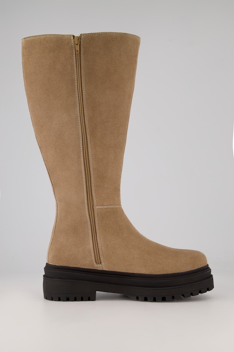 Lederstiefel, XXL-Schaft, Velours, Elastikeinsatz, Weite H