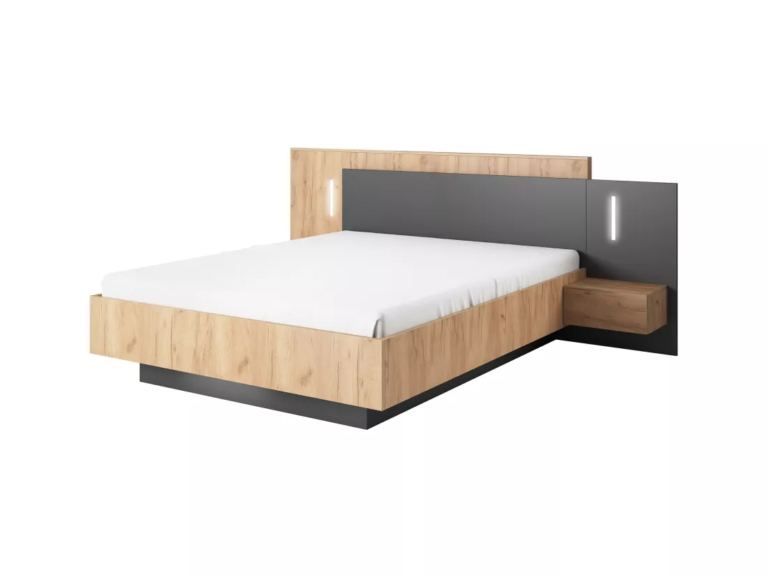 Lit coffre avec chevets 160 x 200 cm - 2 tiroirs - Avec LEDs - Coloris : Naturel et anthracite - FRANCOLI