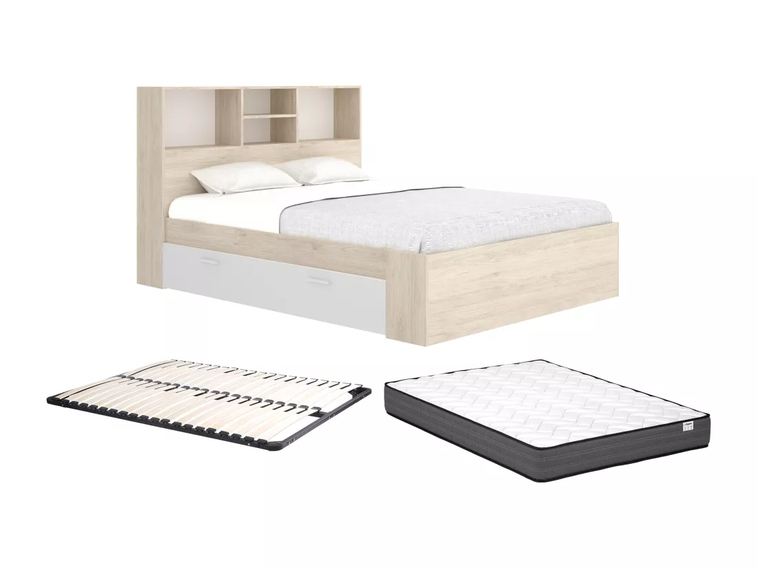Lit 140 x 190 cm avec rangements - Coloris : Naturel et blanc + Sommier + Matelas - VARDIEL