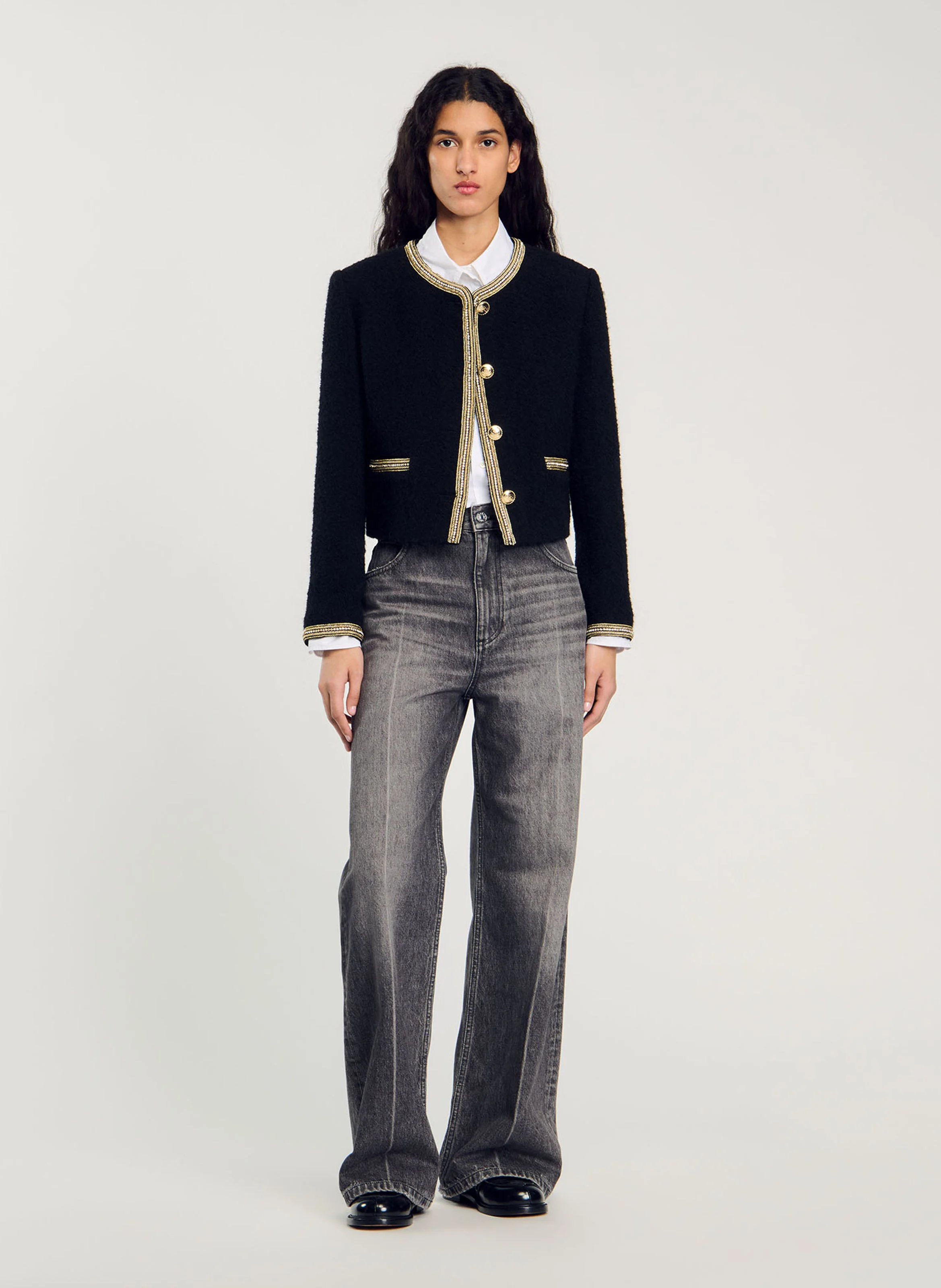 Veste col rond droite en tweed | Noir