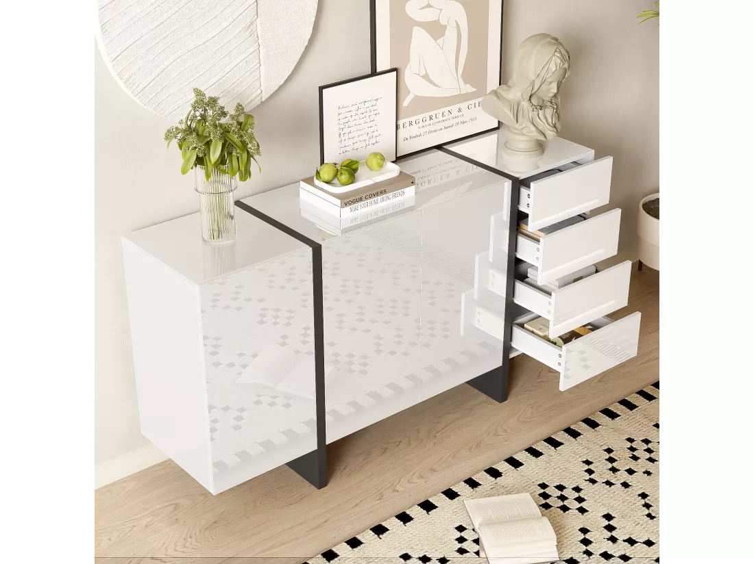 Buffet avec 2 portes et 3 tiroirs - 150 x 40 x 80.5 cm - MDF et panneaux de particules - Blanc brillant