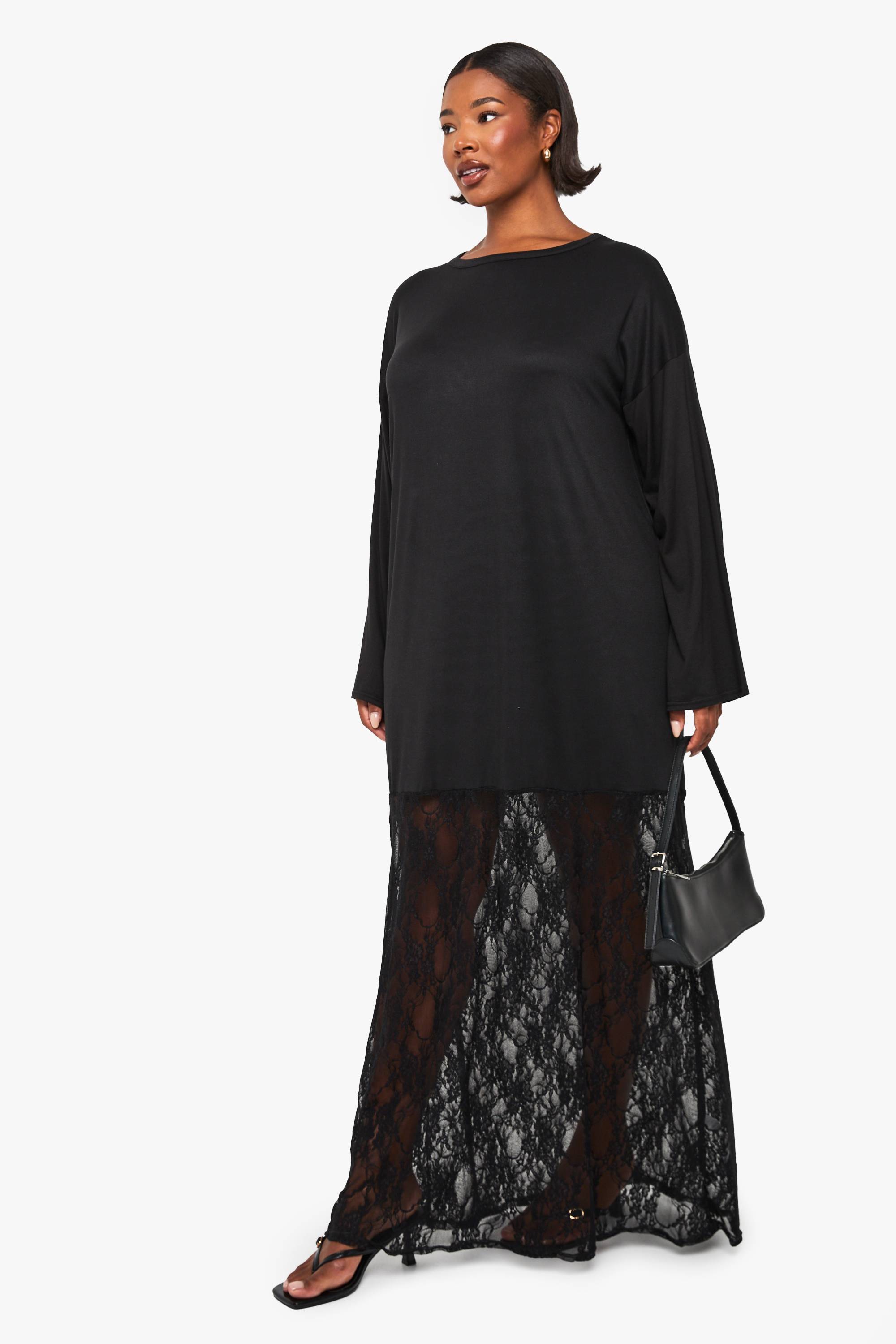 boohoo robe-t-shirt en dentelle à manches longues