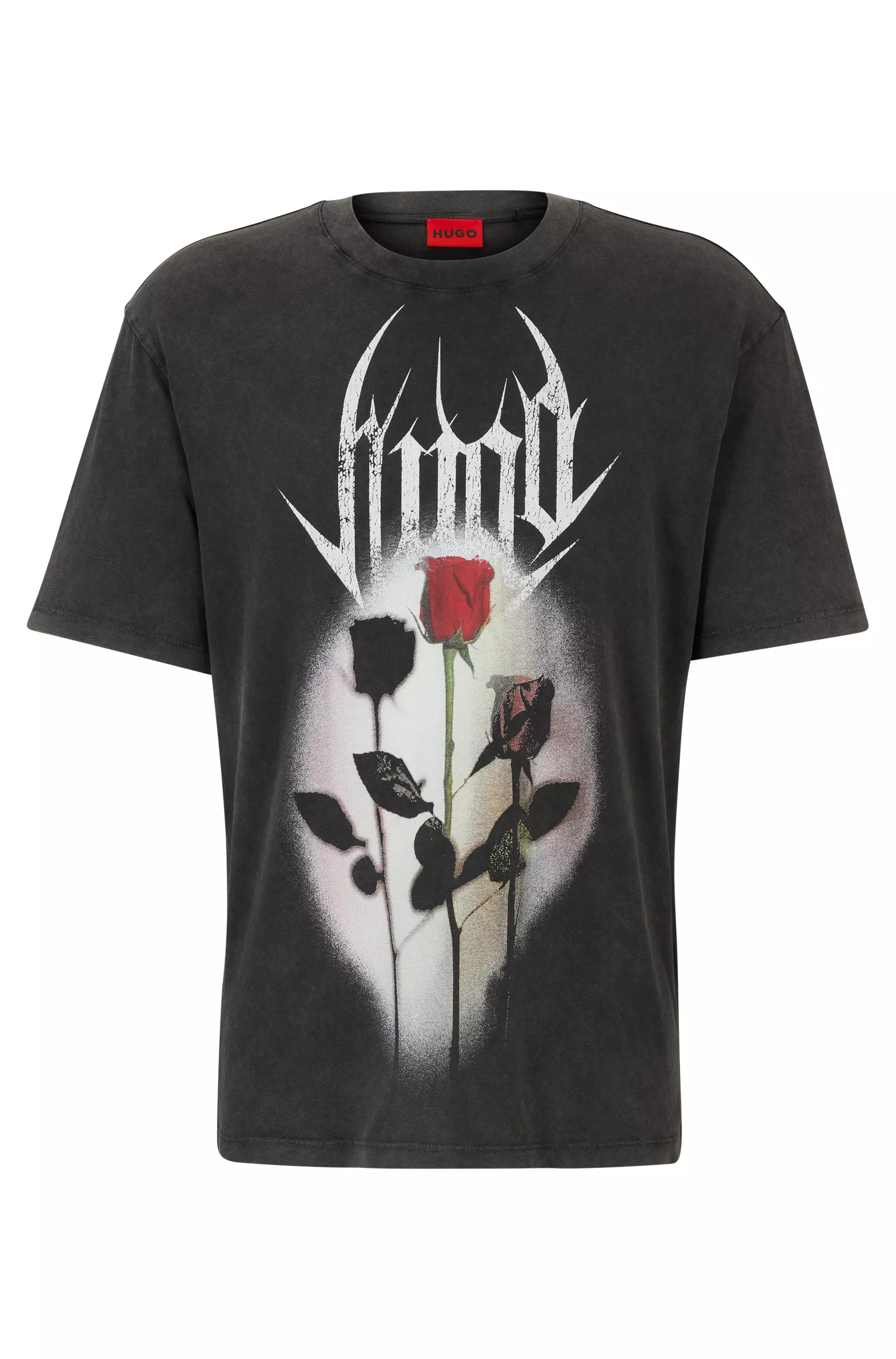 Camiseta HUGO vermelha de modelagem relaxada em algodão com estampa inspirada na banda.