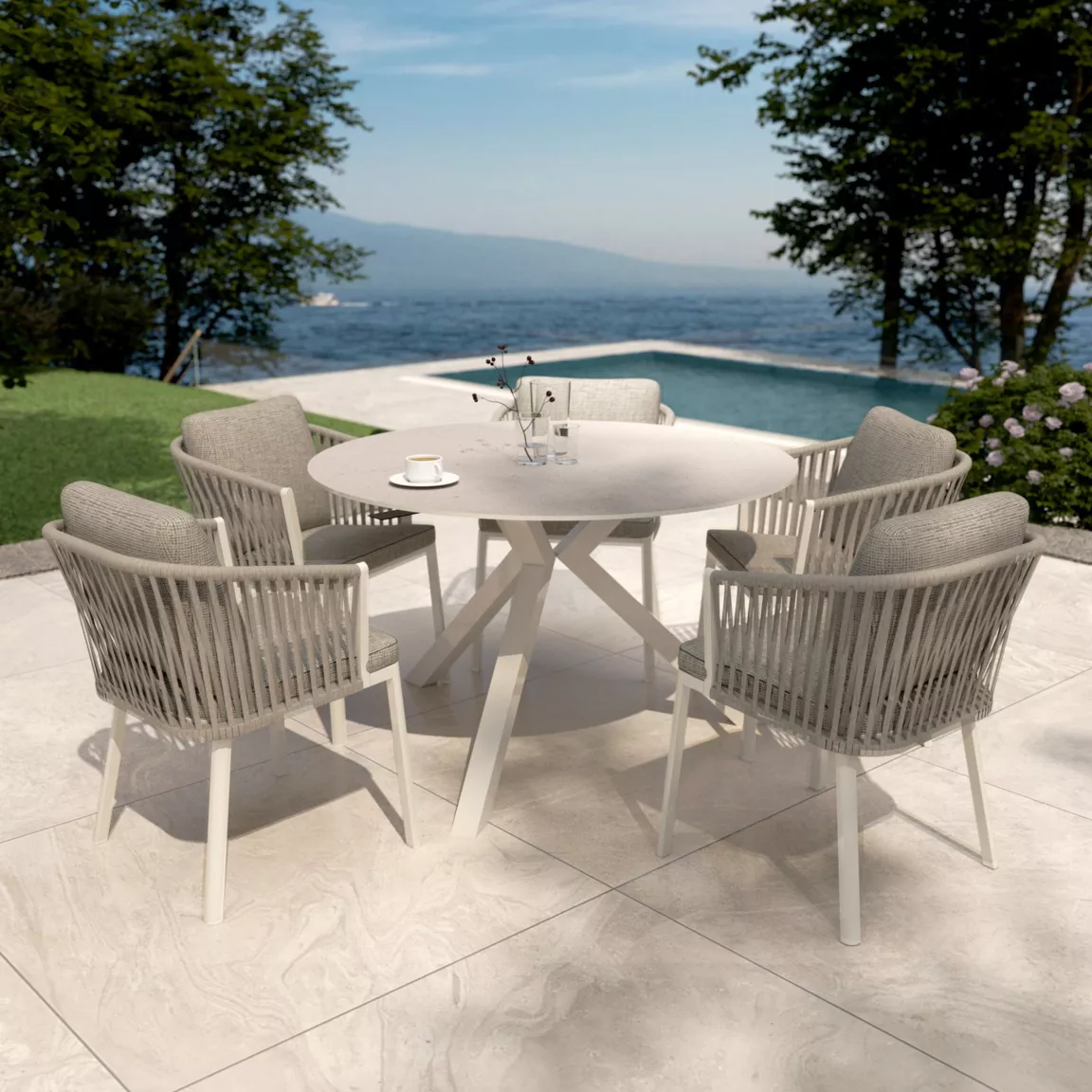 Table de jardin ronde en aluminium et céramique 6 places (D120 cm) Kore Blanc