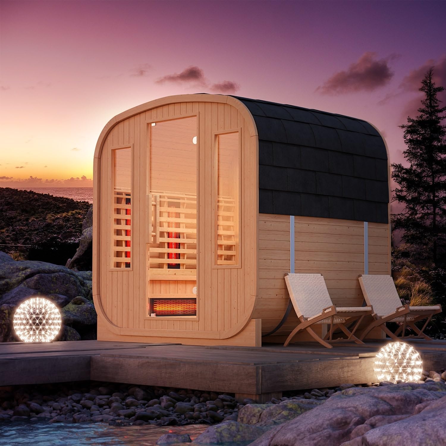 Dewello® - Outdoor Fasssauna Richmond - ca. 200 cm x 180 cm x 200 cm, Fichtenholz - Cube inkl. 10 Infrarotstrahler, Saunaofen und Saunazubehör I Gartensauna, Außensauna, Sauna Fass für 4 Personen