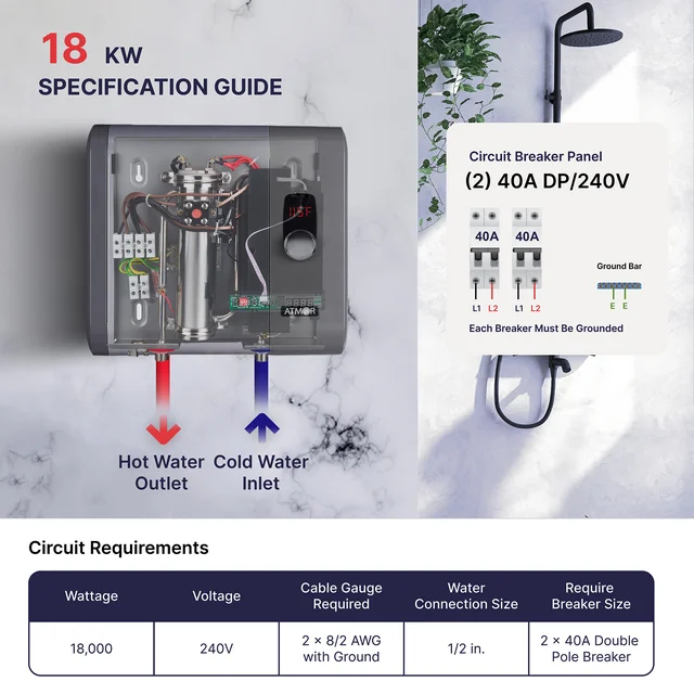 Aquecedor de água elétrico instantâneo Atmor de 18 kW e 3,73 GPM, ideal para residências com 1 quarto, com capacidade para até 3 usos simultâneos.