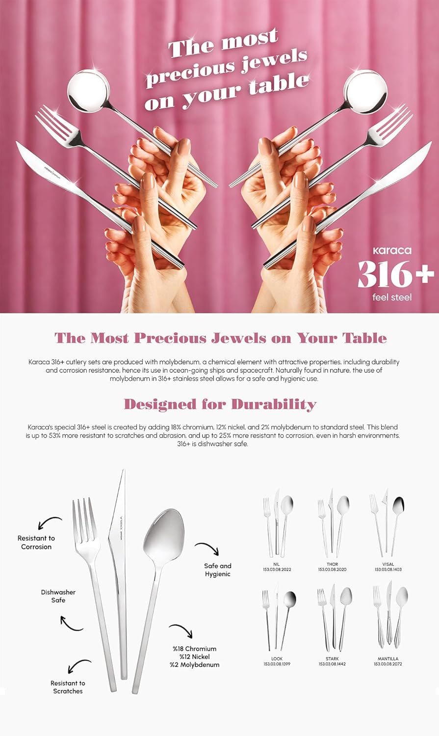Karaca Amour 84 Teiliges Elegance Besteck Set mit Box für 12 Personen, Stahl, 12 Stück Menügabeln, 12 Esslöffel, 12 Tafelmesser,12 Dessertgabeln, 12 Dessertlöffel