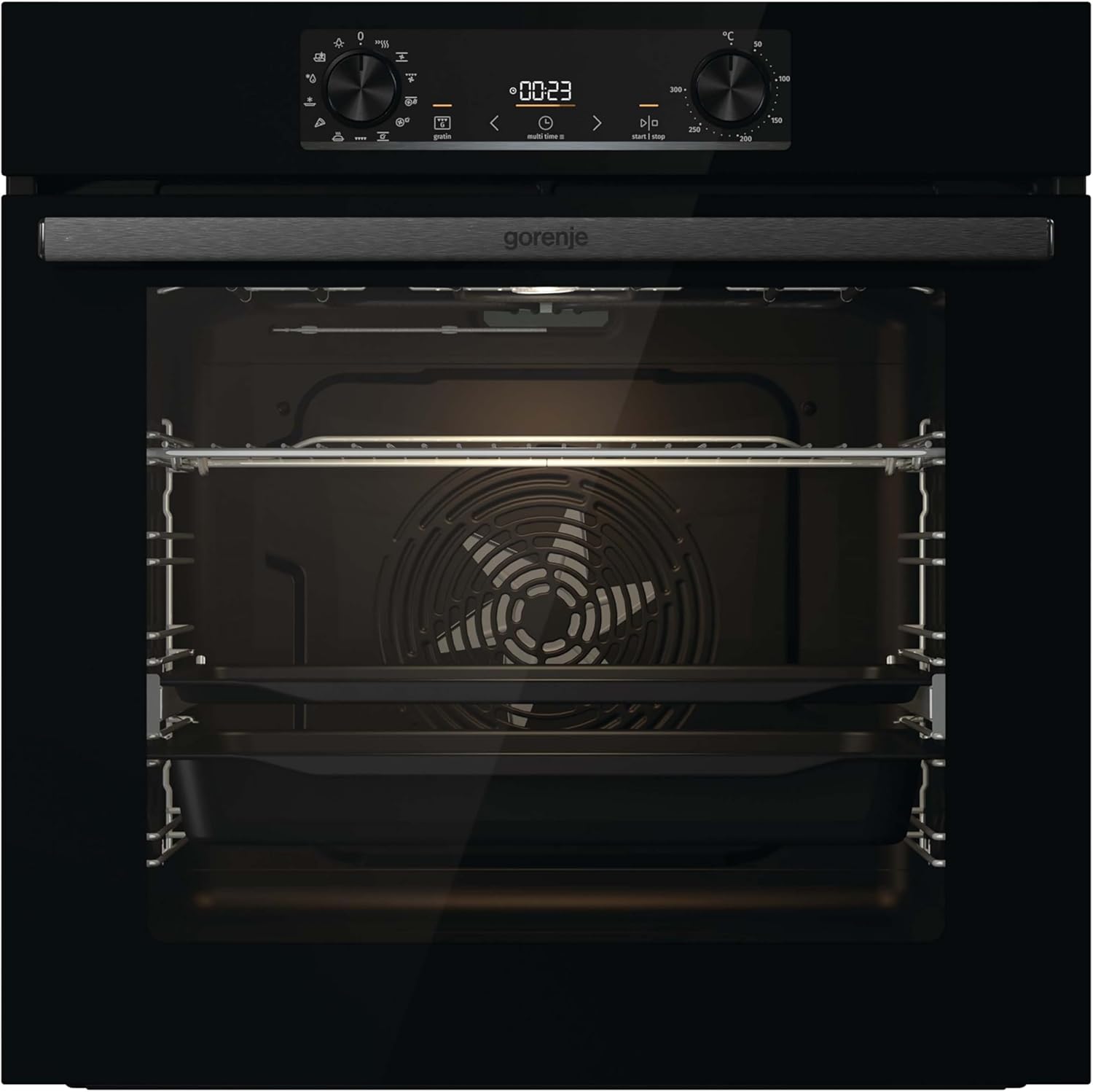 Gorenje 738415 OptiBake BOS 6737 E13BG Einbau-Backofen / 77L / Heißluft/ExtraSteam/GentleClose & Open/Bratenthermometer/AirFry/Pizzamode 300°C/PerfectGrill/ChildLook/Teleskopauszüge/schwarz