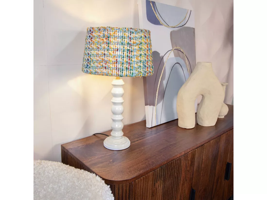 Now's Home - Lampe A Poser Pied Bois Blanc Avec Abat Jour En Tweed H51cm Romy