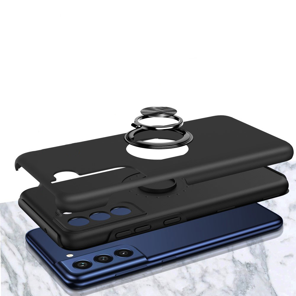 Samsung Galaxy S21 FE 5G Hybrid Hardcase Hülle   Magnetischer Kickstand Haltering - Schwarz (Matt)