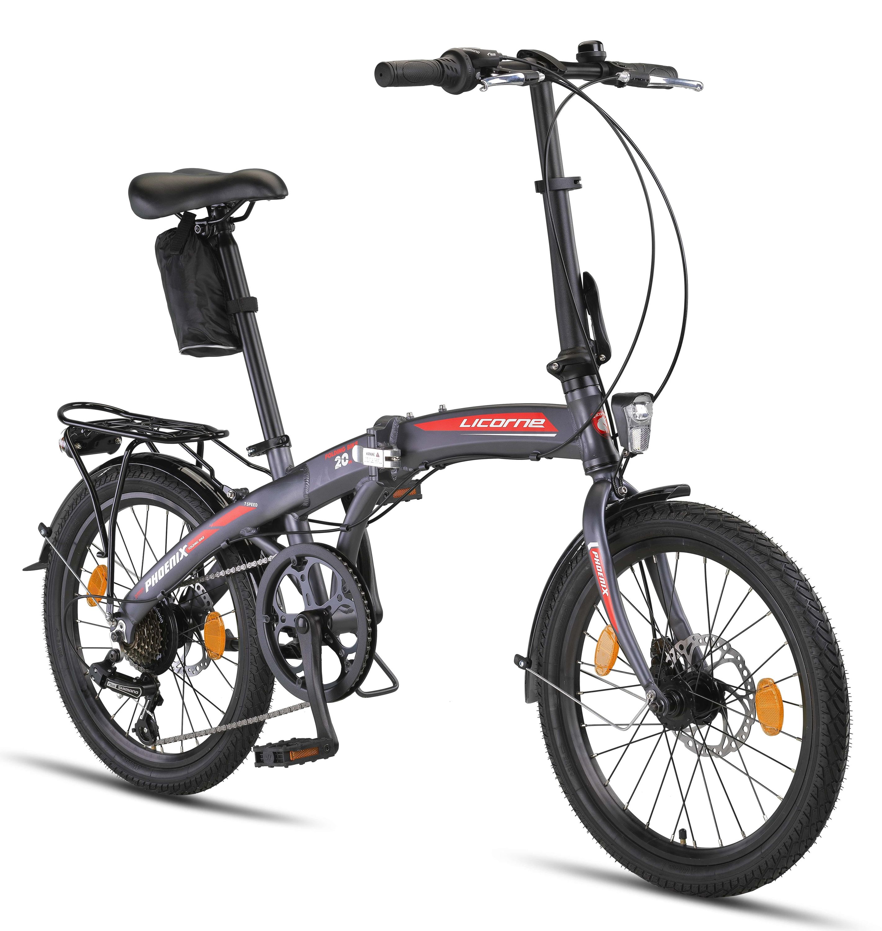 Licorne Bike Phoenix 2D, 20 Zoll Aluminium-Faltrad-Klapprad, Scheibenbremse, Discbremse, V-Bremse Faltfahrrad-Herren-Damen, 7 Gang Kettenschaltung - Folding City Bike, Alu-Rahmen, StVZO, Vorderlampe, Hinterlampe