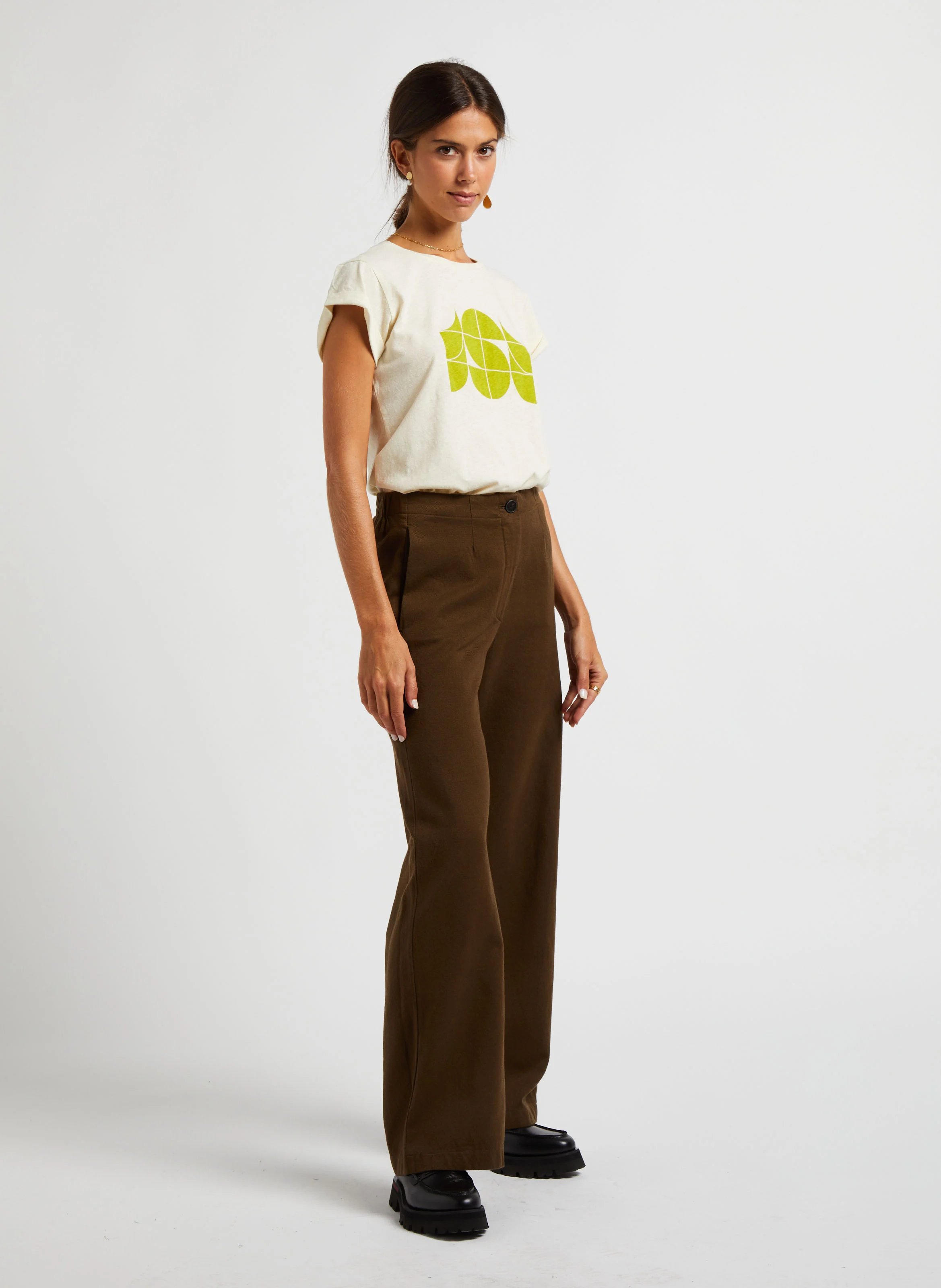 Pantalon large en laine et coton| Vert