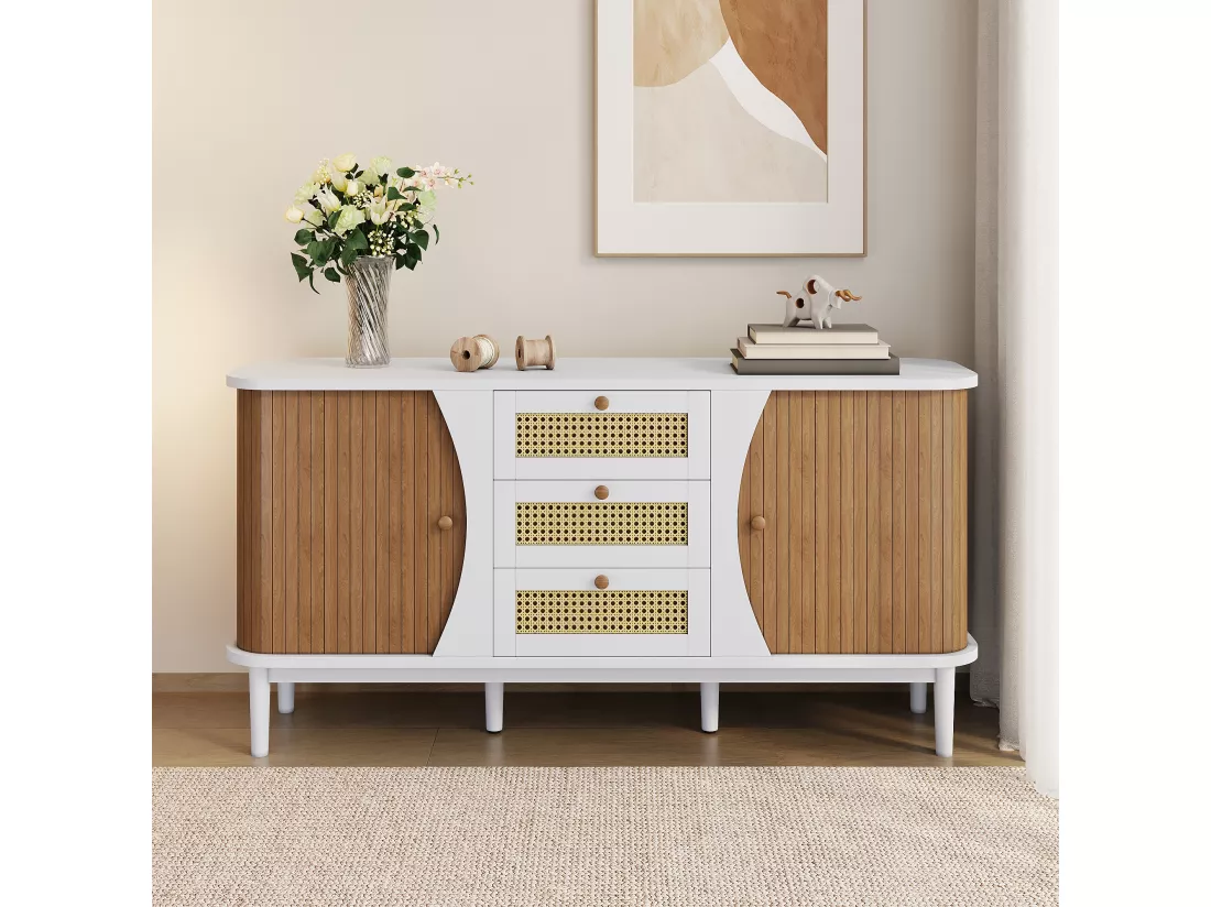 Buffet bas avec 2 portes coulissantes et 3 tiroirs en rotin, commode - 140.5 x 40 x 76 - Panneaux de particules - Blanc et naturel