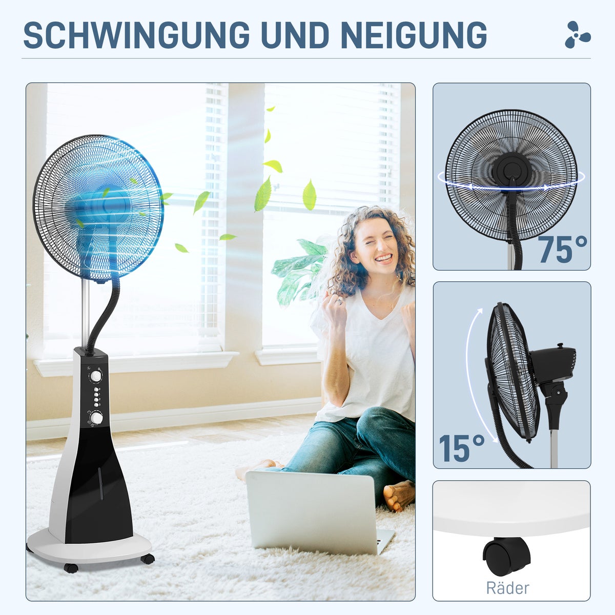HOMCOM Staande ventilator met waterkoeling, vernevelingsfunctie, 3 standen, oscillerende 90W staande ventilator met waterkoeling, 3L watertank, timer, wielen, zwart