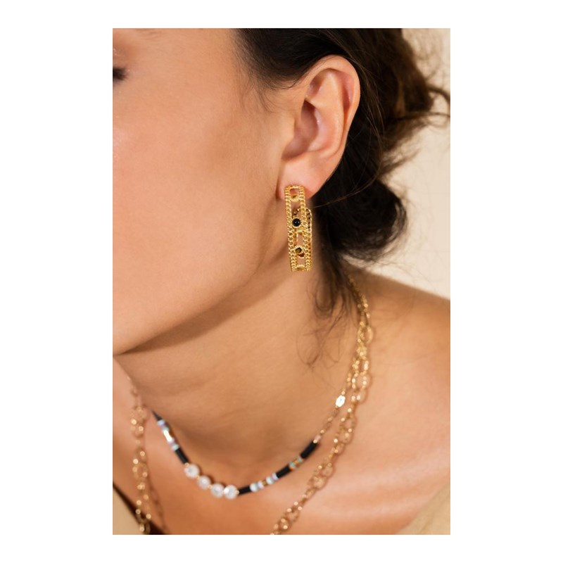 Boucles d'oreilles créoles en acier dorées ornées d'une pierre naturelle noire
