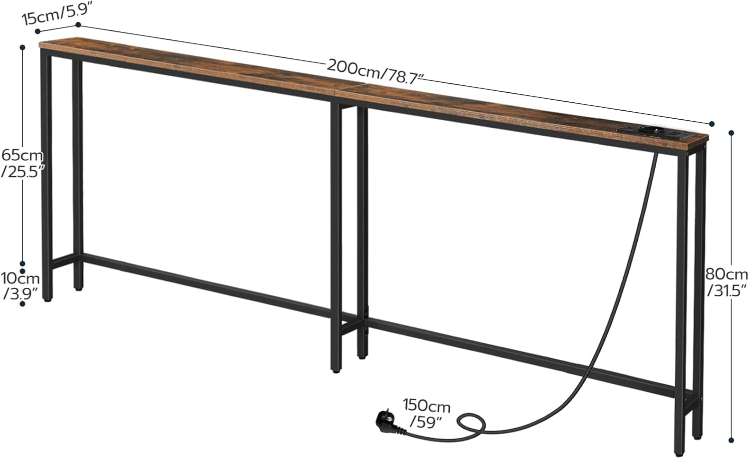 HOOBRO Schmaler Konsolentisch mit Steckdosenleiste, Konsolentisch mit Ladestation, schmaler Sofatisch, Konsole hinter dem Sofa, für Eingangsbereich, Flur, Rustikales Braun und Schwarz EBF205CXG01
