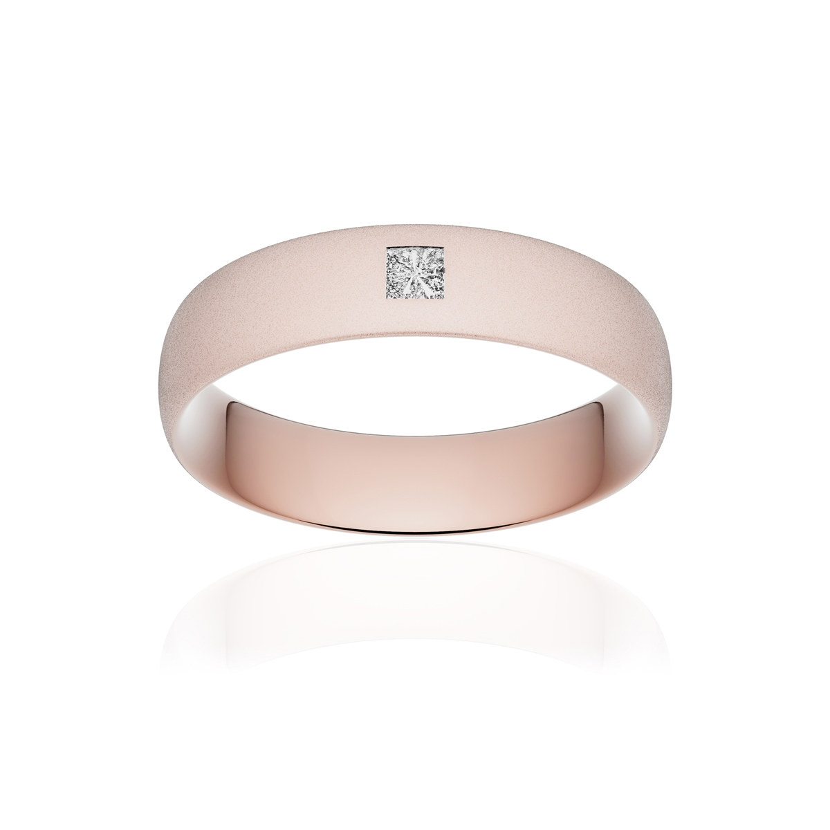Alliance or 375 rose sablé demi-jonc confort 5,5mm diamant princesse