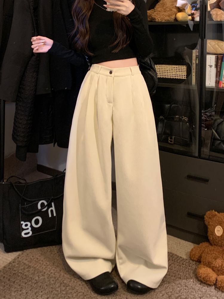 Flowerisque - Hoge taille effen corduroy broek met wijde pijpen