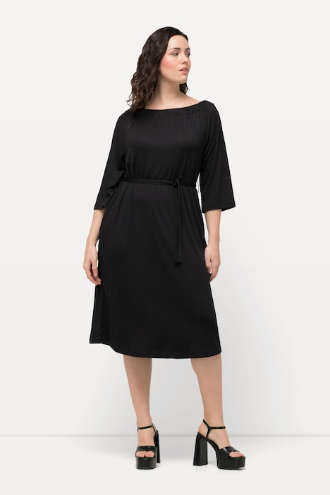 Midikleid, Strukturjersey, schulterfrei, 3/4-Arm