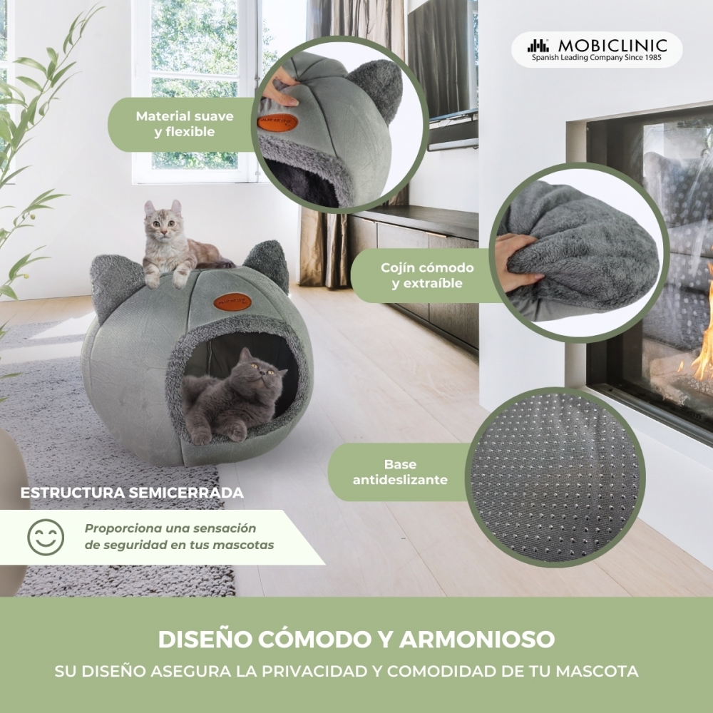 Ninho-caverna cinza para animais de estimação | Dobrável | Cinza | Confortável | Macio | 40x40x43 cm | Carga máxima 12 kg | HelloCatty | Mobiclinic