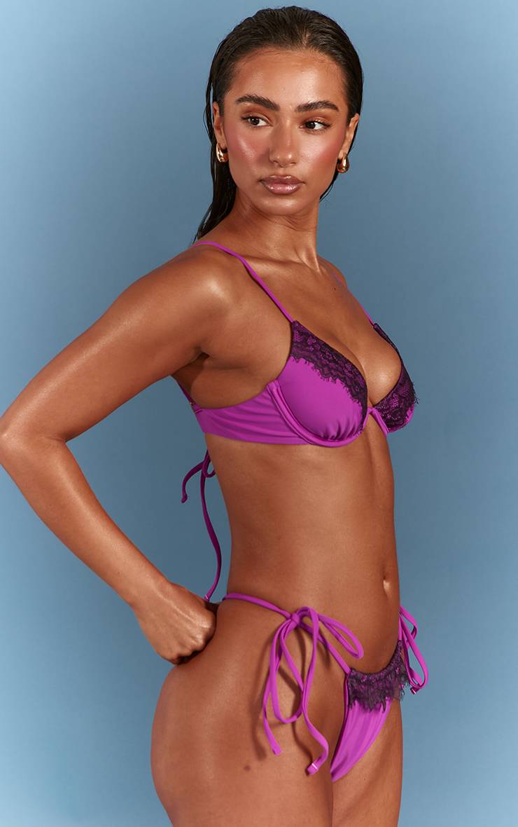 Violet Bas De Bikini À Liens Latéraux Avec Détail En Dentelle Contrastante