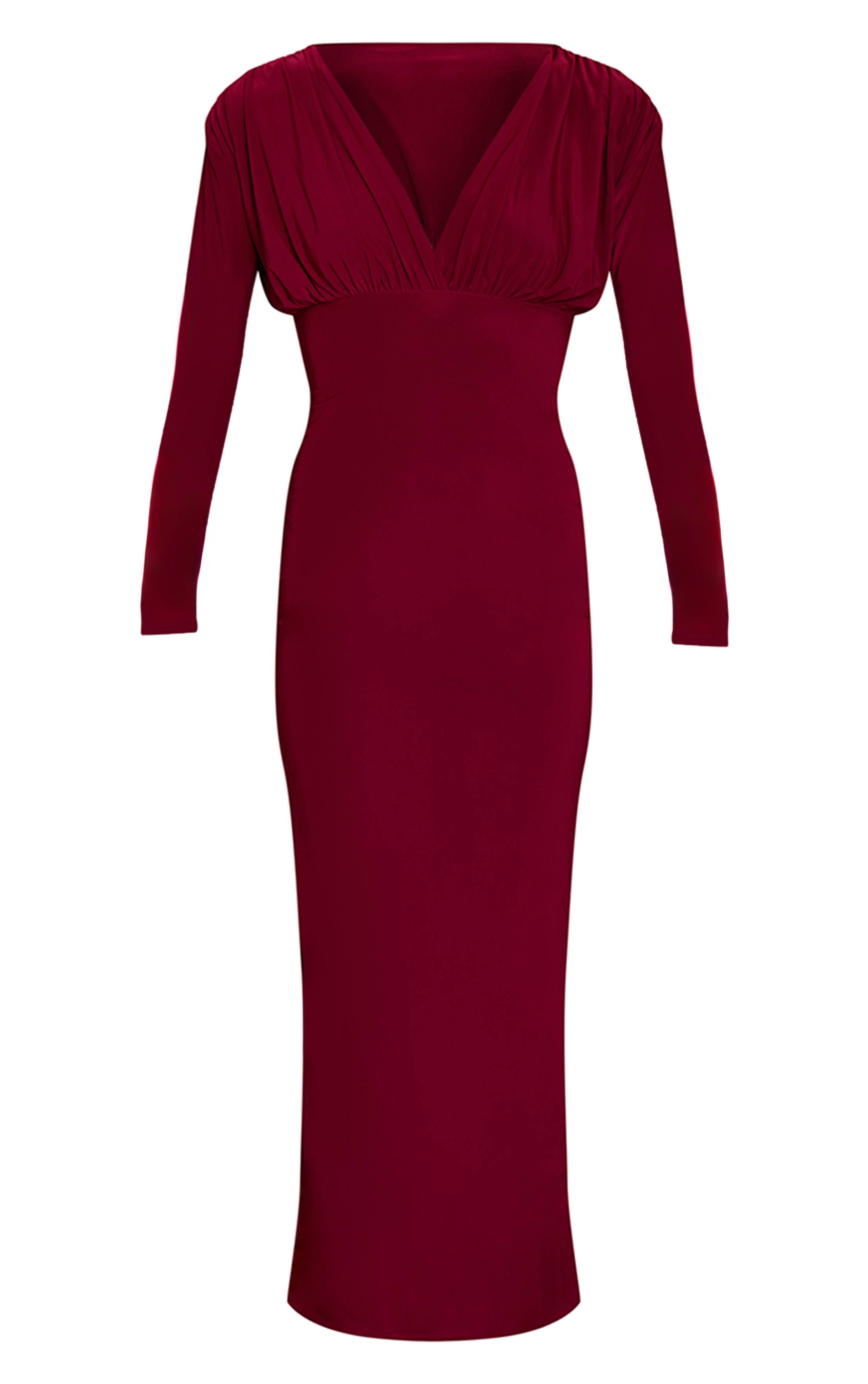 Rouge Bordeaux Robe Longue Moulante À Manches Longues Et Décolleté Plongeant En Tissu Soyeux Double Épaisseur