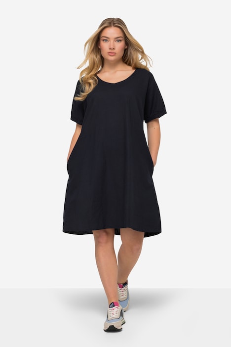 Leinenmix-Kleid, Rundhals, elastische Halbarm-Abschlüsse