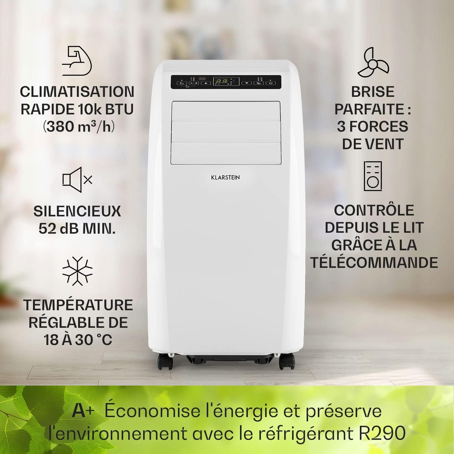 Klarstein Climatiseur Mobile Silencieux, 4 en 1, Mode Nuit, Déshumidificateur, Ventilateur, Mini Climatisation à Faible Conso, Evacuation, Clim Portable, Puissante, 10000 BTU