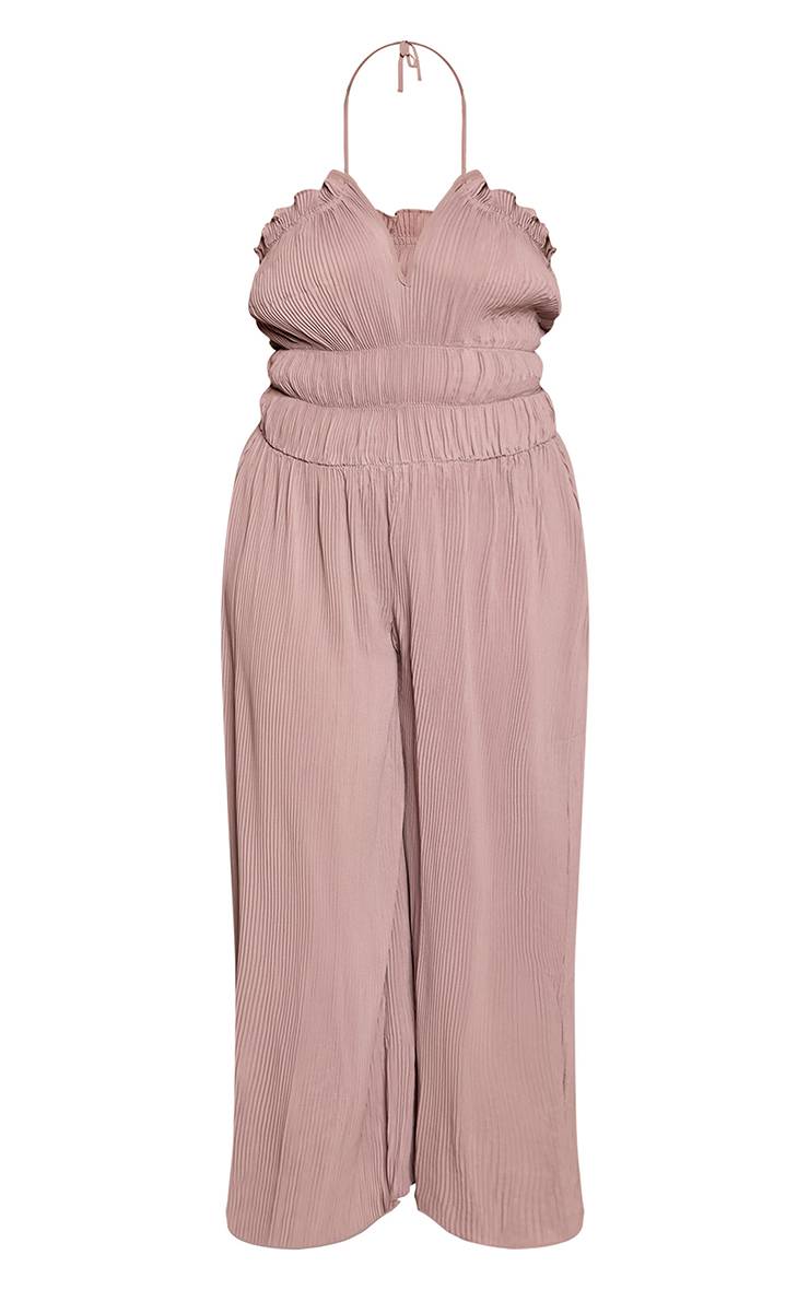 Taupe Combinaison-pantalon Grande Taille Plissée À Encolure Américaine Et Jambes Larges